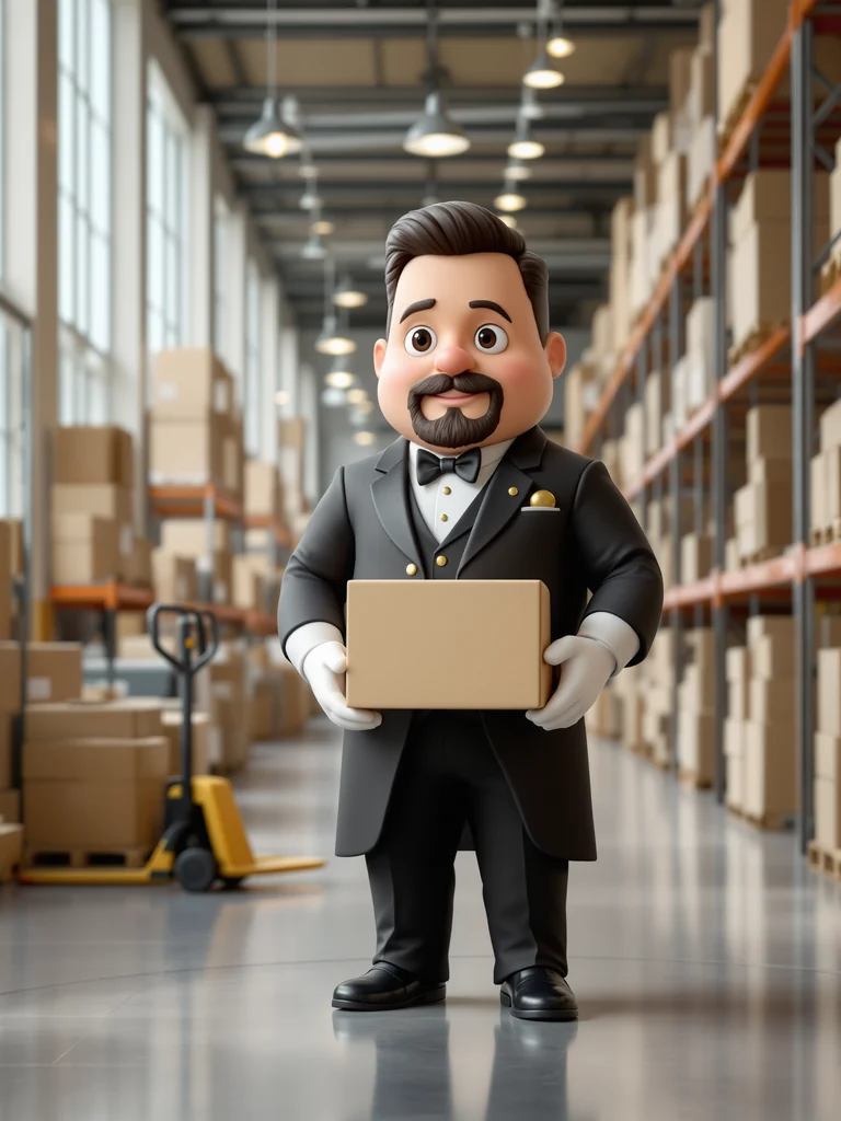 Figura de un comprador con una caja entre las estanterías de un almacén