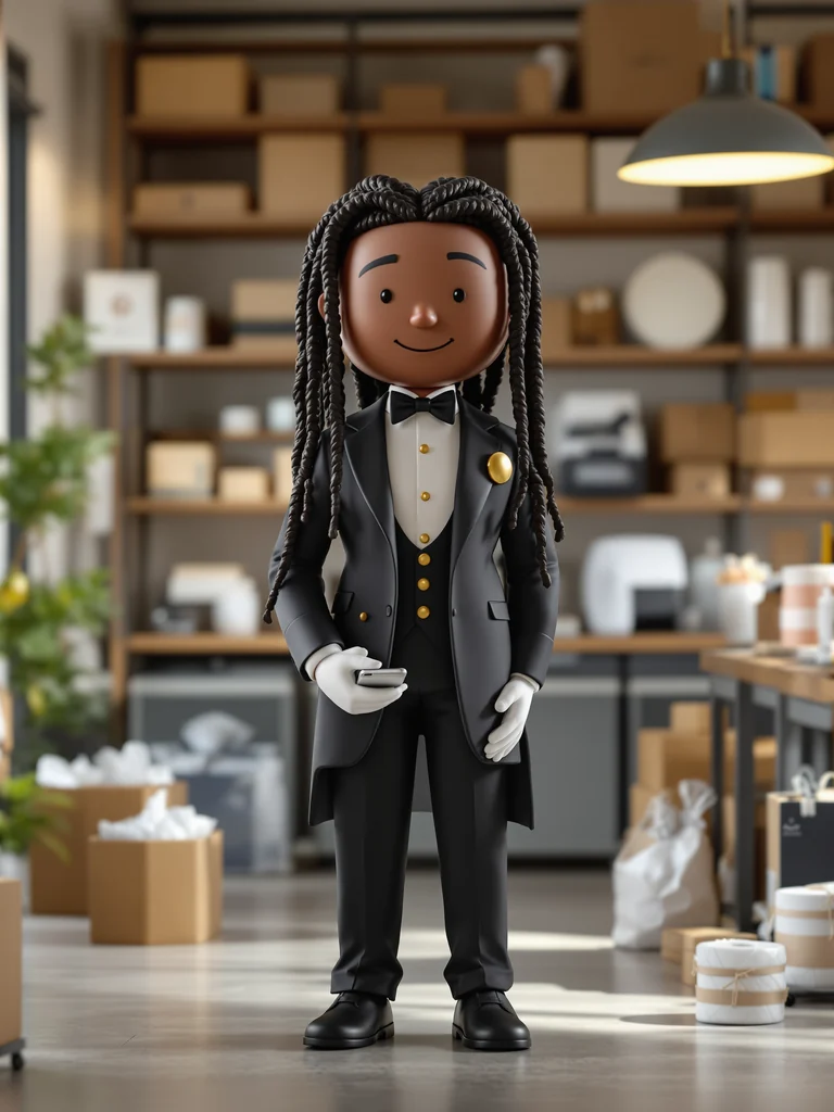 Figura de un gestor de marketplaces con un teléfono en una sala de embalaje de pedidos