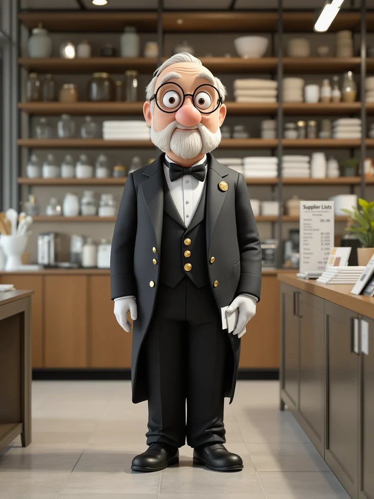 Figura de un responsable de precios con una lupa y etiquetas de precios en un showroom