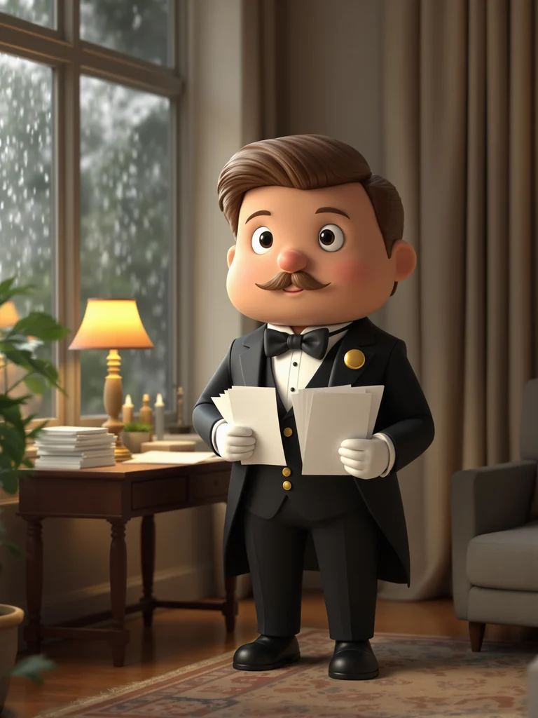 Figura de un mayordomo con recibos en el salón