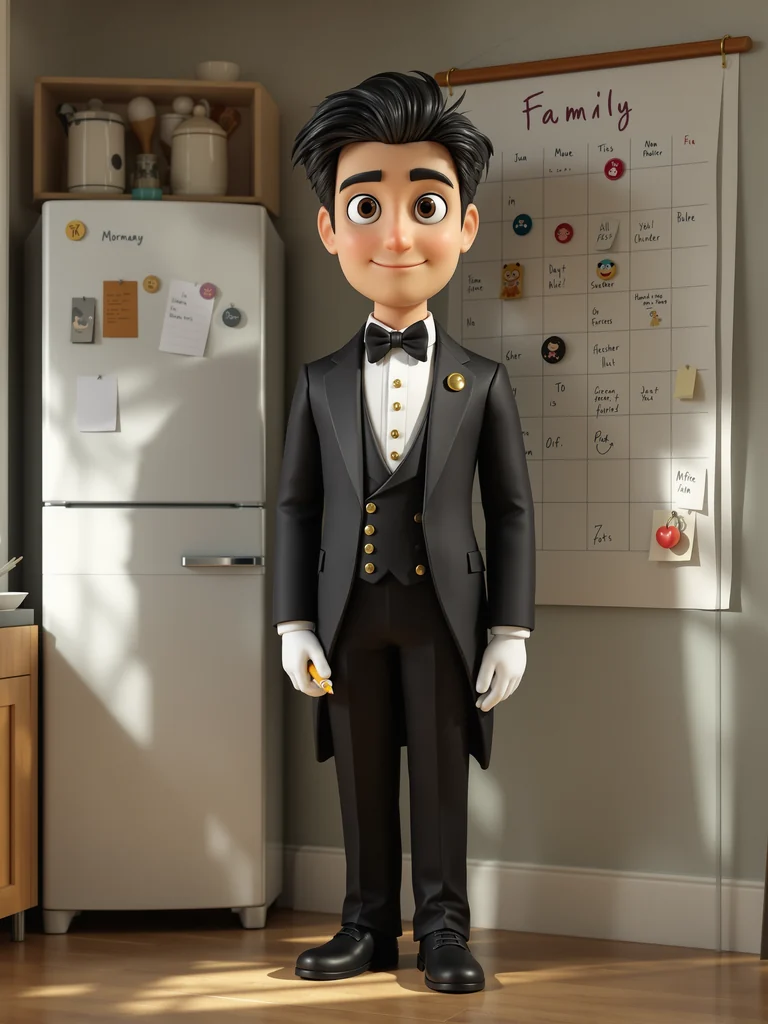 Figura de un mayordomo con un lápiz junto al calendario familiar de la pared