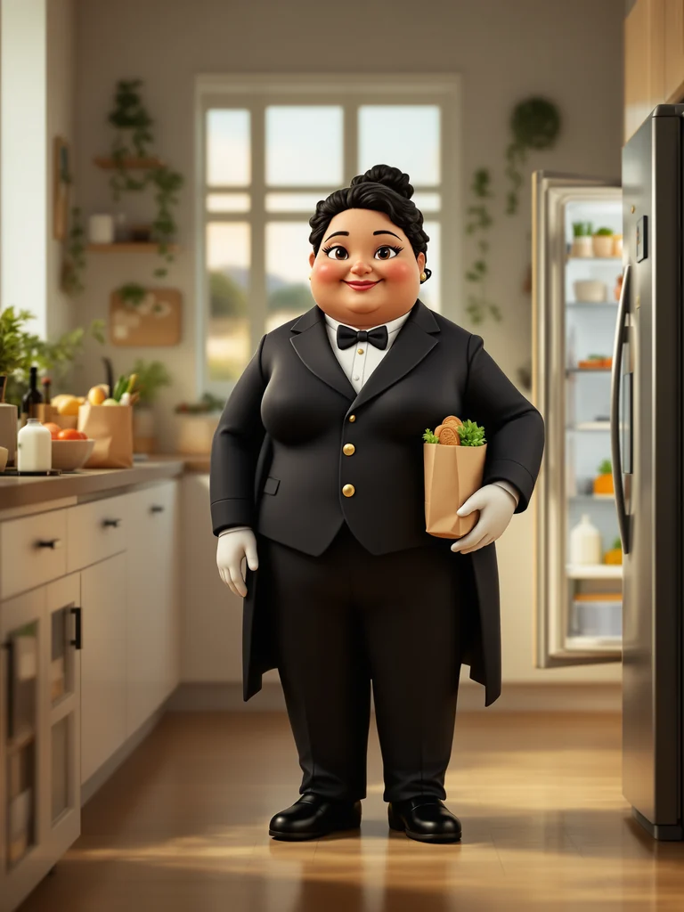 Figura de un ama de llaves con una bolsa de la compra en la cocina
