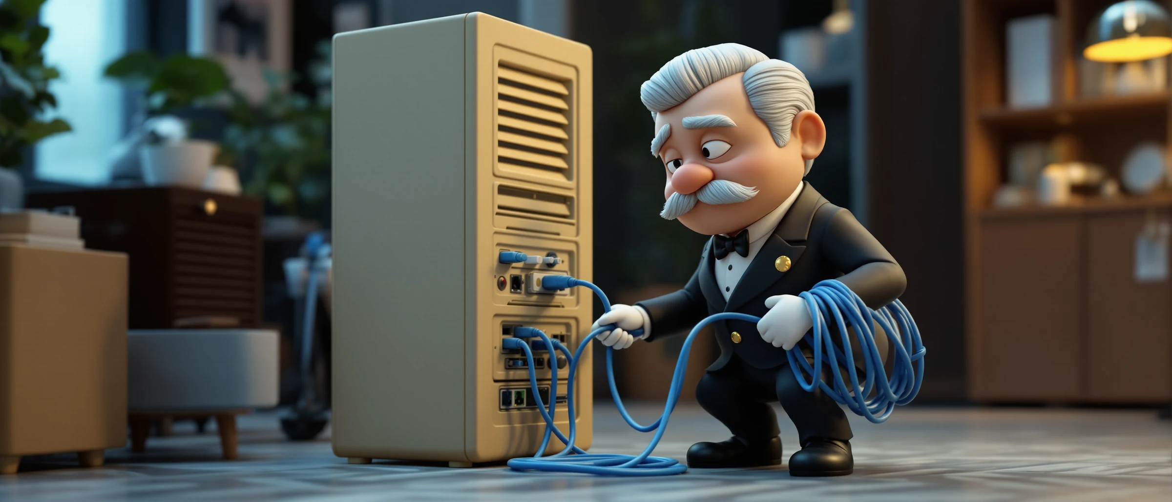 Un mayordomo conecta un cable de red azul a un viejo servidor en el almacén de la oficina