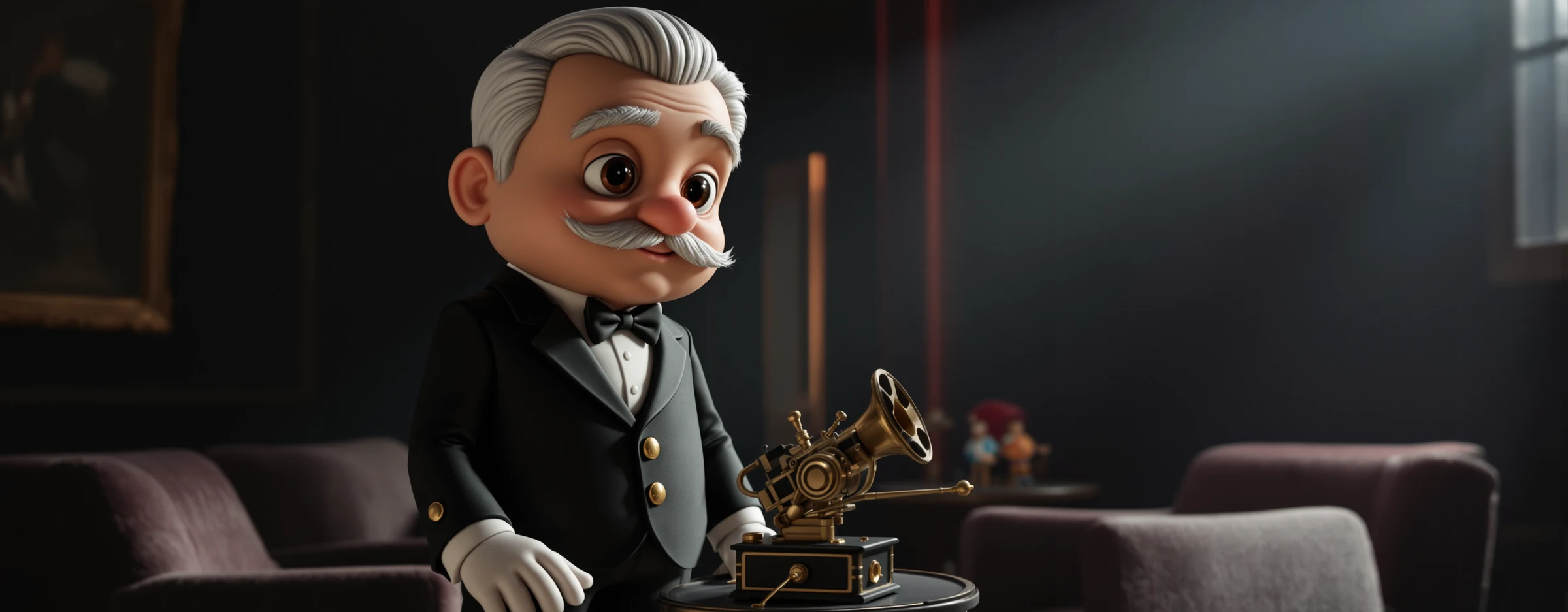 Un mayordomo junto a un viejo proyector de cine en una pequeña sala de cine doméstica