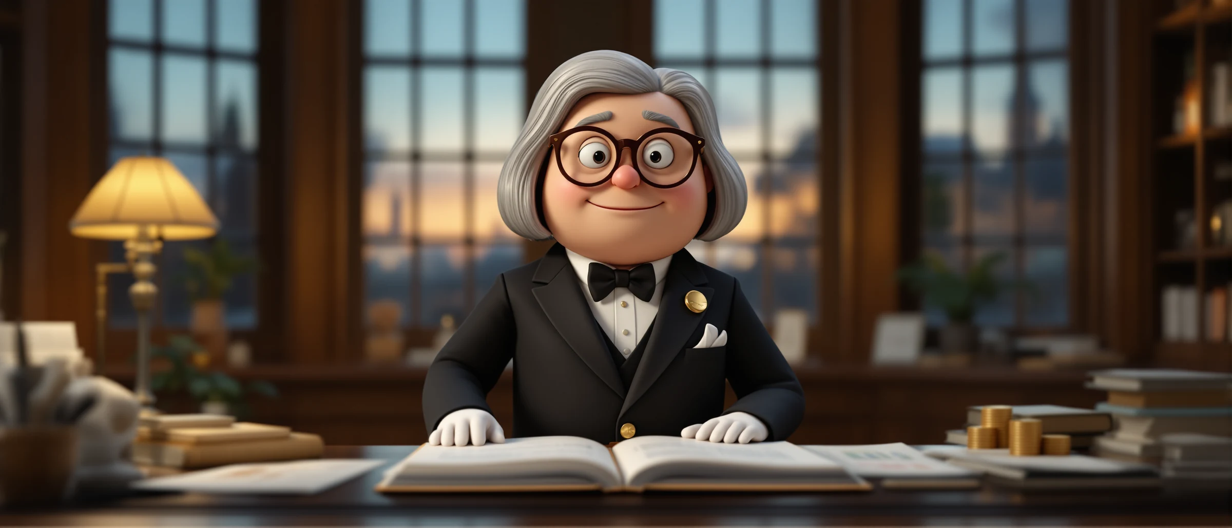 Un contable con gafas redondas revisa un gran libro de cuentas a la luz de una lámpara