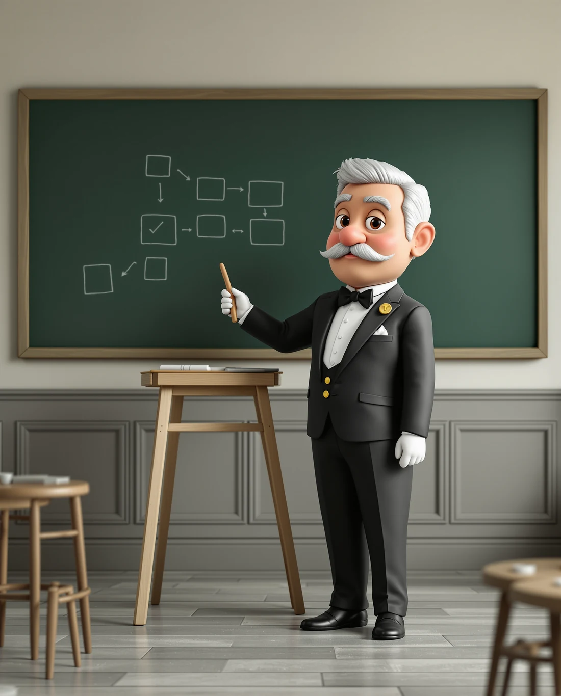 Un mayordomo señala con un puntero un plan de cuatro pasos en una pizarra de colegio
